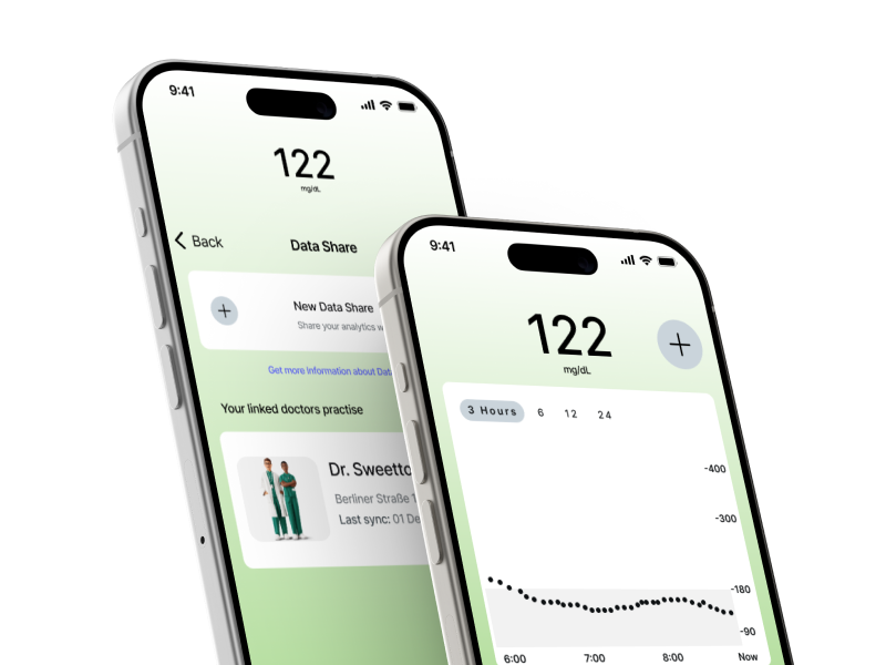 GlucoGlyde app mockup - two phones side by side